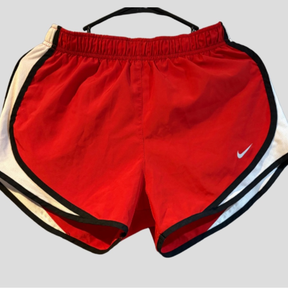 Nike Red and White Athletic Shorts with Curved Hem